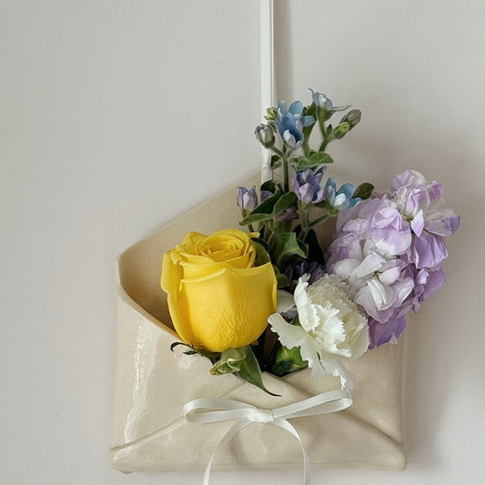 Vintage Handmade Ceramic Envelope Wall Hanging | Minimalist Floral Planter & Healing Decor